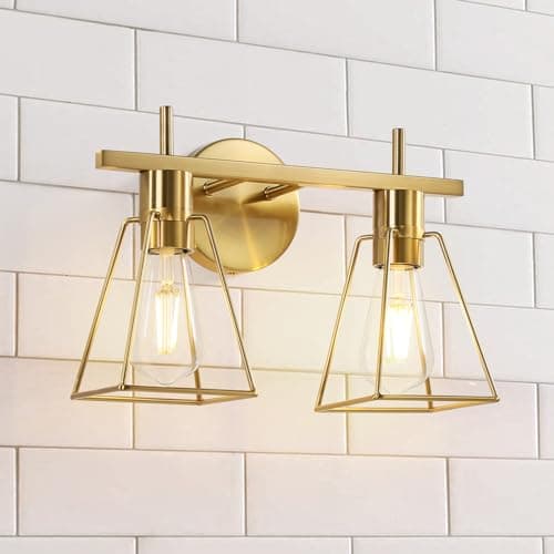 Image of HAHZT Industrial Bathroom Changing Lights: 2 Lights with Classic Gold Metal Brush, Wall Lights for Rustic Metal Cage, Flash on Mirror Accessories for Dressing Hallway