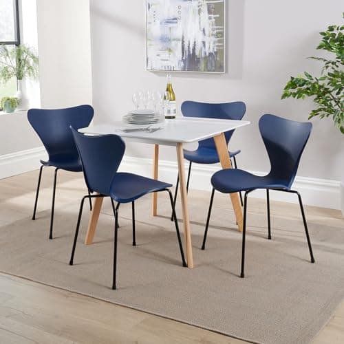 Image of Home Source Kitchen Dining Table Set, 4 Blue Moulded Chairs, 80cm White Top Table