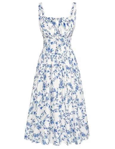 Image of SCARLET DARKNESS Women Summer Dresses Casual Floral Beach Sundress A-Line Sleeveless Spaghetti Strap Victorian Milkmaid Corset Dress White-Dark Blue XL