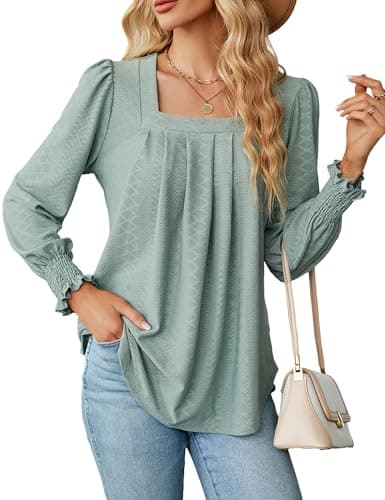 Image of Heersan Womens Blouse Ruffle Long Sleeve Tops Loose Casual Basic Tees Square Neck T-Shirts Tunic Tops Green