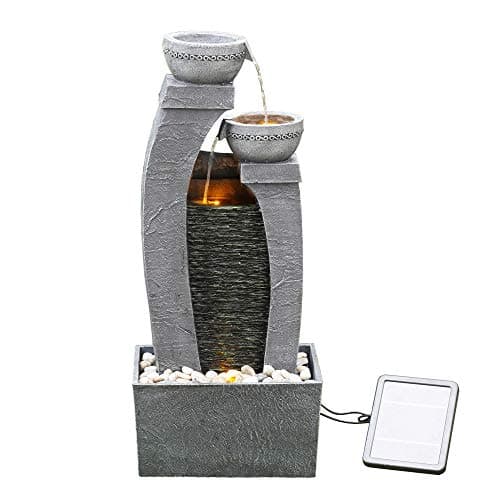 Image of Teamson Home Solar Powered Water Feature, Indoor or Outdoor Garden Water Fountain, Indoor Waterfall with Battery Back Up and LED Lights, 3 Tier, Grey