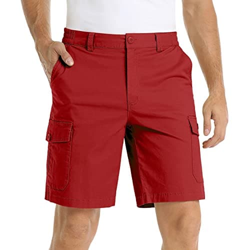 Image of Chino Shorts Men - Lightweight Ripstop Stretch Cargo Shorts Golf Casual Short Outdoor Hiking Summer Half Pants Multi Pockets Zip Fishing Cycling Safari Pants Breathable Combat Work Short Red