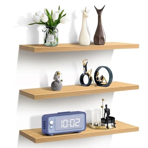 Image of Sour Lemon 3PCS Floating Shelves Light Walnut, 40cm Shelves for wall,Shelves Screw Mounted, Display Wall Decor Display Shelves Storage for Living Room,Bedroom,Kitchen