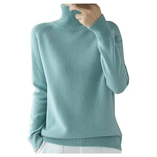 Image of Women Polo Neck Jumper Ladies Slim-Fit Lightweight Turtleneck Sweater Long Sleeve Chunky Knit Tops Pullover Knitwear Sweatshirt Mint Green