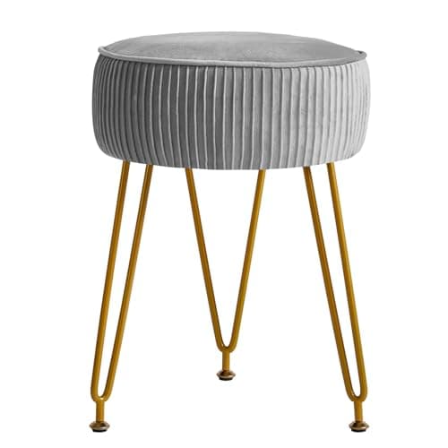 Image of IBUYKE Velvet Round Footrest Ottoman, Makeup Vanity Stool, Side Table, Pouf Couch Seat, Golden Steel Legs, Gray L/G-30G