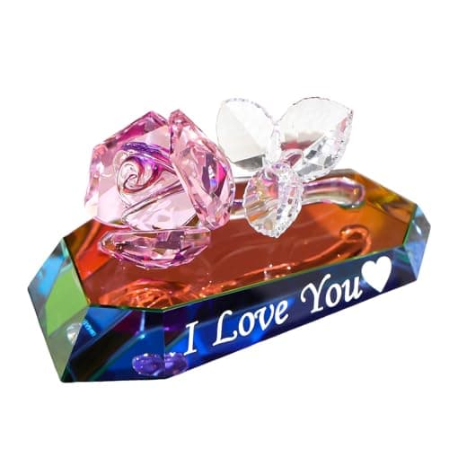 Image of Movdyka Multicolor Crystal Rose Figurines Gifts I Love You for Her Romantic Anniversary Wedding Party Decor Flower Ornaments Birthday Presents for Wife Girlfriend Valentine's Day