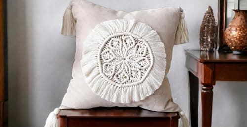 Image of R.R.LALA Cotton Boho Cushion Cover Decorative Macrame Cushion Cover Hand-Woven Knitted Square Pillow Cushion Cover With Corner Tassels (Size-16X16 Inch), White