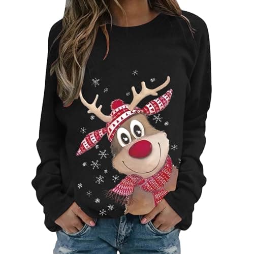 Image of Yinguo christmas t shirts women Christmas Jumpers for Women Ladies Sweaters UK Tshirts Jumper Ugly Sweater Long Sleeve Winter Jumper Outwear Shirt Plus Size Fashion Tops Women's Blouse Size M Black