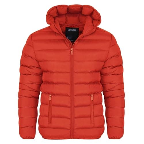 Image of Spindle Mens Plain Black Hooded Padded Quilted Puffer Jacket Winter Coat 2 Zip PocketsSpindle Mens Plain Black Hooded Padded Quilted Puffer Jacket Winter Coat 2 Zip Pockets Red XL