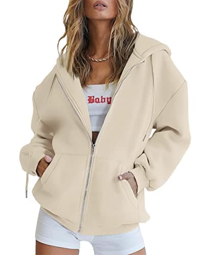 Image of Jhsnjnr Womens Casual Hooded Jackets Long Sleeve Zip Up Hoodie with Pockets Oversized Sweatshirt Beige