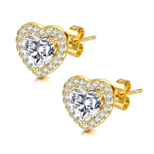 Image of AVYRING Gold Earrings for Women, Heart Earrings Cubic Zirconia Stud Hypoallergenic Earrings Dainty Earrings Jewellery for Brides Bridesmaids Wedding