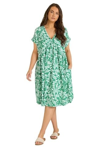 Image of EVANS Curve Leaf Print Midi Dress - Women's - Plus Size Curve Green