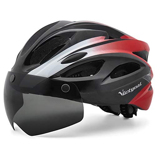 Image of Victgoal Adults Bike Helmet for Men Women Detachable Magnetic Goggle Visor Bicycle Helmet with LED Rear Light Cycling Road Mountain Cycle Helmet (Black Red)