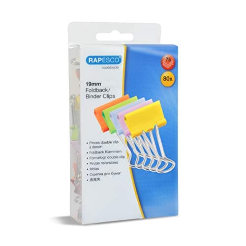 Image of Rapesco 1492 19 mm Foldback Clips, Assorted Bright Colours, Pack of 80