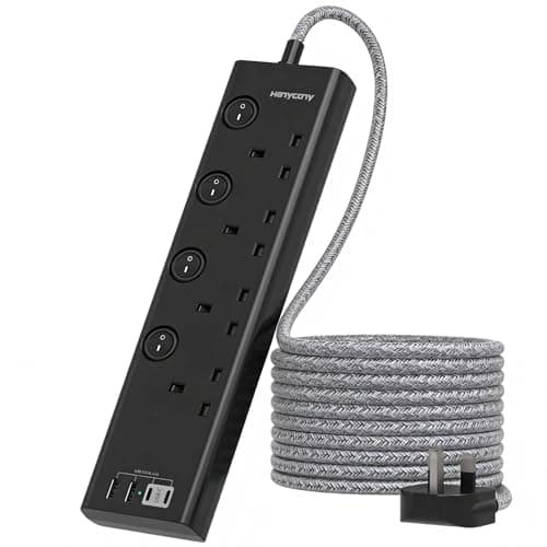 Image of Black Extension Lead 3M, 4 Way Power Strip with 4 USB Slots (2 USB C), Individually Switched Extension Socket, Wall Mountable 10ft Braided Cord, 3250W Multi Plug for Home Office Accessories
