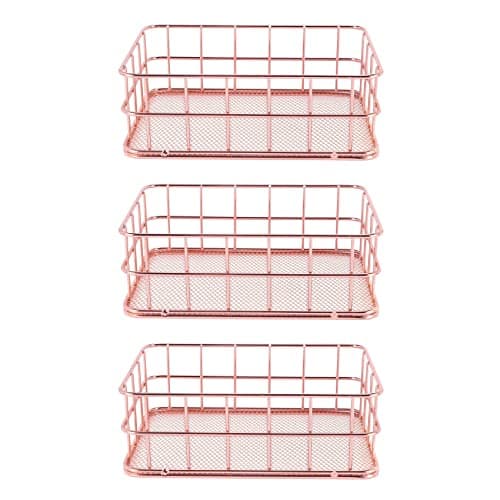 Image of Fegtrtyoa 3X Storage Basket Metal Wire Bathroom Shelves Makeup Organiser Rose Gold Brush Pen Holder Wire Mesh Storage Basket