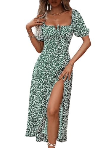 Image of GORGLITTER Women's Floral Midi Dress Milkmaid Summer Tea Dress Boho Square Neck Short Sleeve Split Swing A Line Dresses Green and White XL