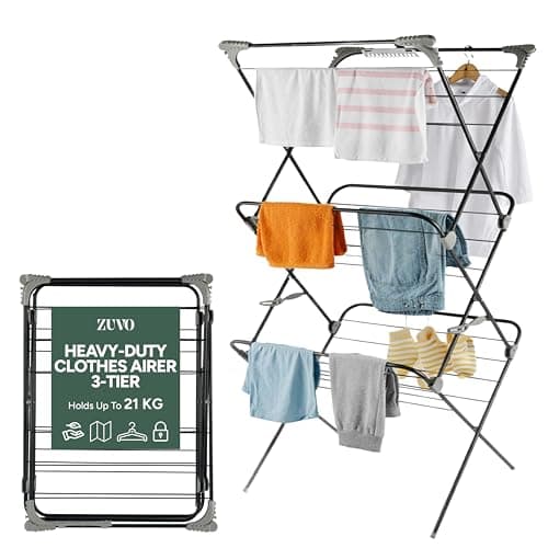 Image of Zuvo Heavy Duty 3 Tier Clothes Airer Folding Drying Rack | Freestanding Laundry Stand for Home & Flat | Indoor Outdoor Space-Saving Clothes Horse for Towels, Delicates, Utility Room & Balcony