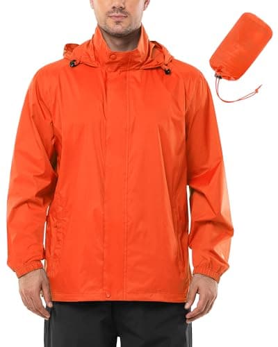 Image of Outdoor Ventures Mens Lightweight Waterproof Jackets, Packable Rain Jacket Breathable Windproof Raincoat Adjustable Hiking Outdoor Jacket Orange Red M