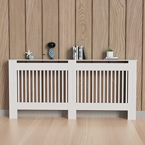 Image of High Radiator Cover Wood Cabinet: 92cm Height White Large Heater Covers Internal Heights 90cm Vertical Slats Tall Radiator Shelf Thicken MDF Wooden Bedroom Hallway Cabinets for Living Room