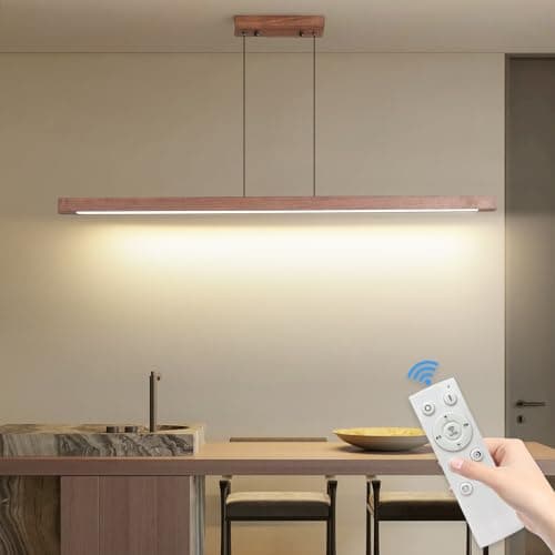Image of Mikeru Walnut Pendant Light, 100cm Dimmable Hanging Ceiling Lighting 10% to 100% Remote Control Wood Chandelier 3000K/4500K/6500K Modern Kitchen Island Lights for Living Room, Conference Room