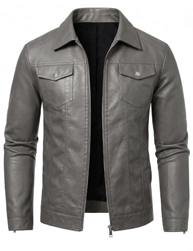 Image of Zbrandy Leather Jacket Men Faux Leather Jackets Mens Moto Biker Coat Outwear Windproof Grey S