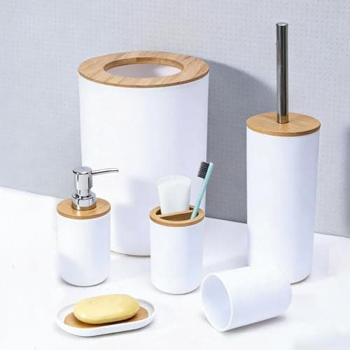 Image of JETAINE 6 Pieces Bamboo Bathroom Accessories Modern Bathroom Accessory Set Luxury Bathroom Bin and Toilet Brush Set, Toothbrush Holder Soap Dispenser Dish Trash Can Bath Set Gift Round White