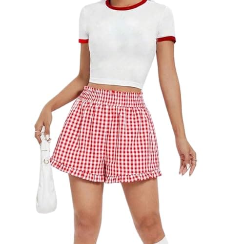 Image of PanLidapan Women Summer Cute Plaid Shorts Casual Ruffled Shorts Red Gingham Shorts for Loungewear (Red, S)
