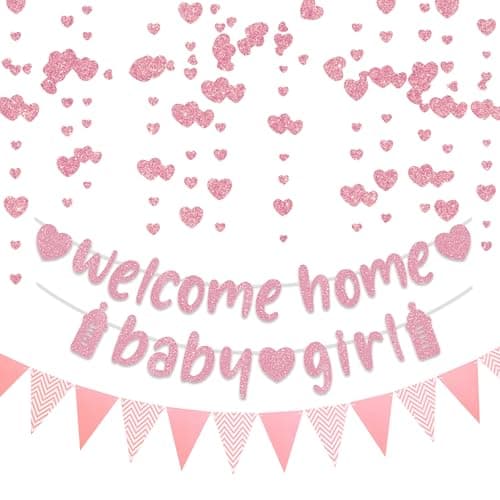 Image of Welcome Home Baby Girl Banner - Pink Baby Shower Decorations Includes Banners Pennant Garland for Family Girls Newborn Birthday Homecoming Theme Party