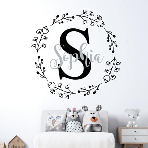 Image of Personalised Name & Initial Floral Wreath - Nursery Wall Sticker [XLarge] [Black]