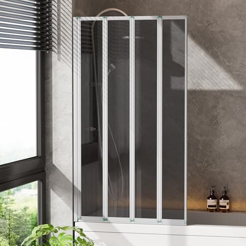 Image of INMOZATA Shower Screen, 4 Panel Folding Bath Shower Screen, Over Bath Shower Screens Tempered Grey Glass Panel Shower Screens（800 * 1400mm，Metallic Silver & grey）