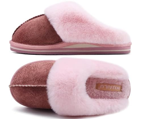 Image of KuaiLu Womens Fluff Plush Slippers Ladies Cosy Memory Foam Thermal Winter Mule Slip on Comfy Cushion Fuzzy Slider Shoes with Indoor Outdoor Hard Sole Light Pink Size 6