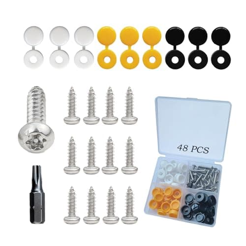 Image of 48 Pcs Security Number Plate Screws, M4 Anti Theft Number Plate Screws and Caps, number plate fixing kit, Includes Black, White and Yellow Plastic Hinge Caps and screwdriver bit