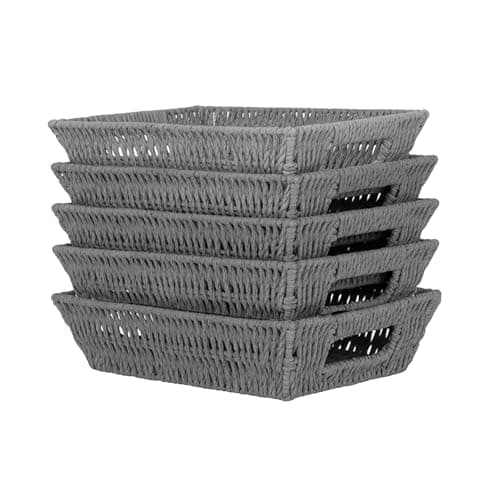 Image of Wickerfield Set of 5 Handwoven Wicker Storage Baskets, Paper Rope Storage Organizer Basket Tray with Handles for Shelves Bathroom Bedroom and Home Office, Small Woven Hamper Basket (Grey)