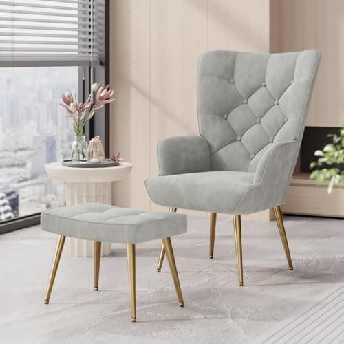 Image of Aivermeil Armchair Tub Chair,with Footstool,High back with gold legs Comfy,Velvet Chair, for Bedrooms, Living rooms,Relaxation,150kg Load Capacity Gray