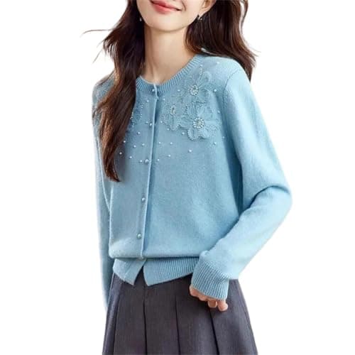 Image of Women's Knitted Cardigan Long Sleeve Flower Beaded Crew Neck Loose Casual Sweater Blue