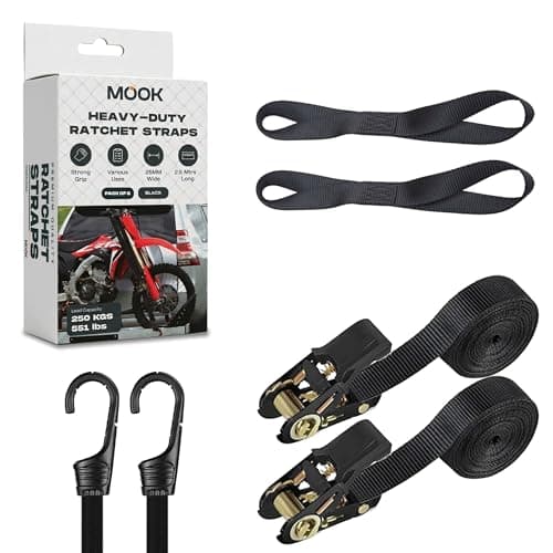 Image of MOOK Heavy Duty Ratchet Straps – 2PCs endless ratchet straps, 2.5M x 25MM Tie Down Straps with 2 Soft Loops, 2 Bungee Cords – 250KG Load Capacity – Secure Cargo for Car, Kayak, Motorcycle – 06 PCs Set