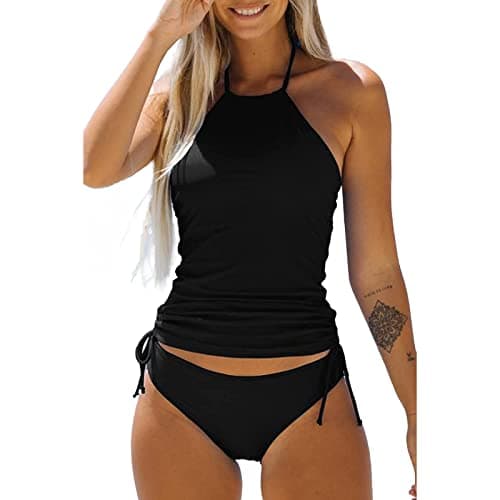 Image of Qianderer Two Piece Tankini Set Tummy Control Swimsuit for Women Halter Neck Tankini Top with Bikini Bottom Bathing Suits Ruched Beachwear (Ba Black, XL)