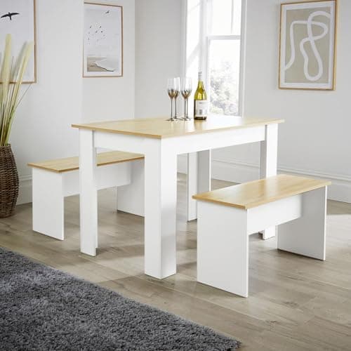 Image of Home Source Kitchen Dining Table, 2 Benches to Seat 4, Oak Effect Top, White