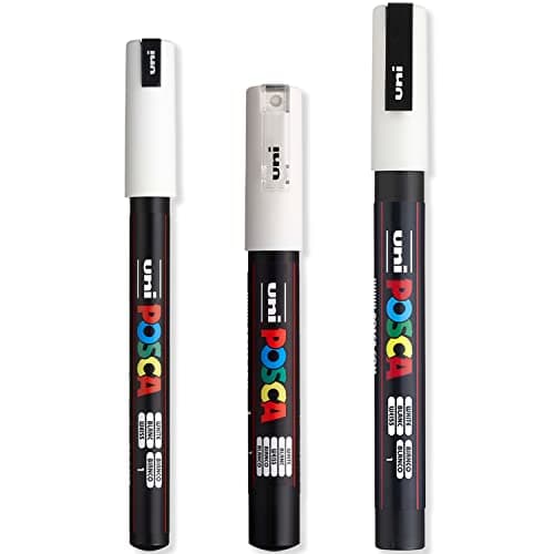 Image of Posca - Ultra Fine to Fine Paint Marker Pens Set - PC-1MR, PC-1M, PC-3M - White Ink - Pack of 3