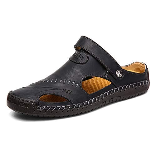 Image of Rojeam Mens Casual Synthetic Leather Sandals Closed Toe Beach Slippers Flat Shoes Summer Sandals for Hiking Trekking, Black, 8.5 UK