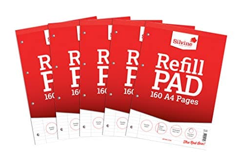 Image of Silvine 160 Page A4 Refill Pad, Head Bound and Punched 4 Holes. Ruled 8mm Feint with Margin [Pack of 5], White