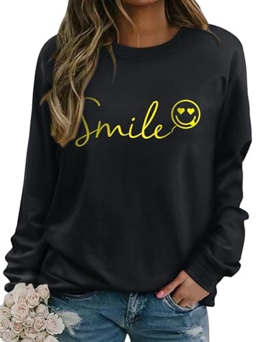 Image of Dresswel Womens Sweatshirt Vintage Funny Smile Face Graphic Print Crewneck Long Sleeve Tops Ladies Pullover Basic Cotton Jumpers Blouse (Black, L)