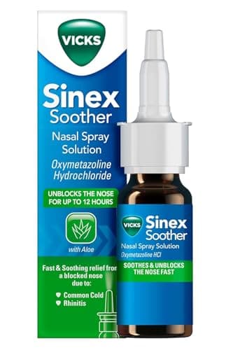 Image of Vicks Nose Spray, Sinex Soother, Decongestant Nasal Spray For Blocked Nose Due To Cold Or Rhinitis, With Aloe Vera, Natural Eucalyptus Extract, Blocked Nose Relief With A Menthol Scent, 15 ml