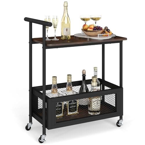 Image of COSTWAY Serving Cart, 3-Tier Rolling Bar Cart with Lockable Wheels, Open Shelf, Mesh Basket & Handle, Drinks Storage Trolley for Home Kitchen Dining Room Restaurant, Rustic Brown + Black