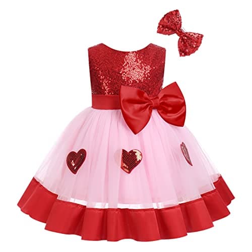 Image of Baby Girl Party Dress 1st First Birthday Cake Smash Outfit Toddler Kids One Year Old Evening Wedding Pageant Sleeveless Princess Tulle Tutu A-line Knee Length Dress with Hair Clip Red Heart 6-12M