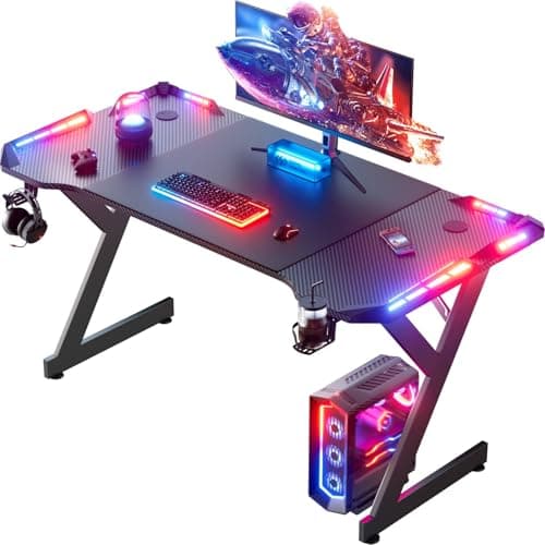 Image of DLONGONE 120 x 60cm Gaming Desk with LED Lights, Computer Gaming Table, Sturdy PC Desk for Home Office, Gamer Table with Headphone Hook and Cup Holder, Black