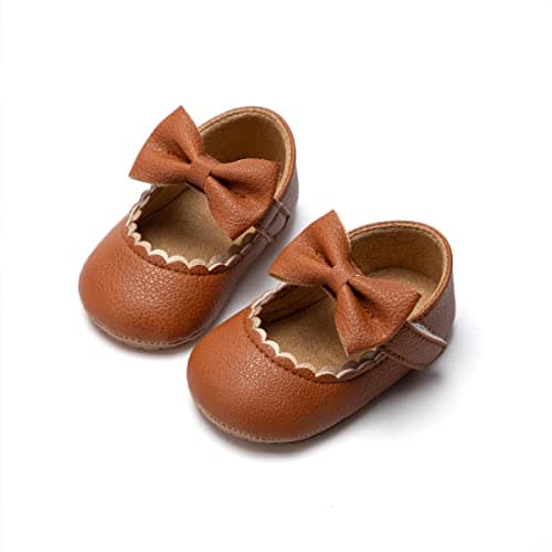 Image of Oamico Infant Baby Girls Mary Jane Flats Non Slip Rubber Sole with Bow Toddler First Walkers Princess Wedding Dress Shoes, A-brown, 6-12 Months
