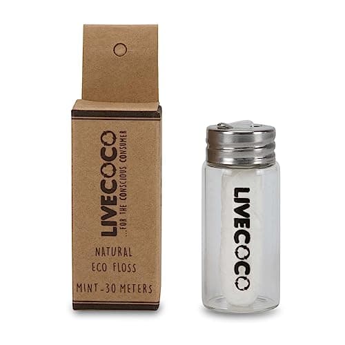 Image of LiveCoco Zero Plastic Dental Floss, Tooth Floss for Adults and Kids with Refillable and Reusable Glass Holder, Waxed Floss with Fresh Mint Flavour for Oral Care, 30m Floss Spool