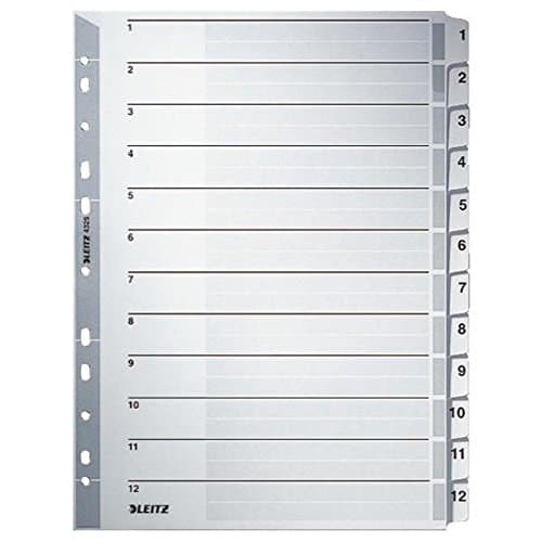 Image of Leitz Index for A4, Cover Sheet and 12 dividers, tabs with Numbers Print 1-12, Perforated Edge and Colourful tabs Film-Reinforced (Mylar), Grey, Cardboard, 43250000